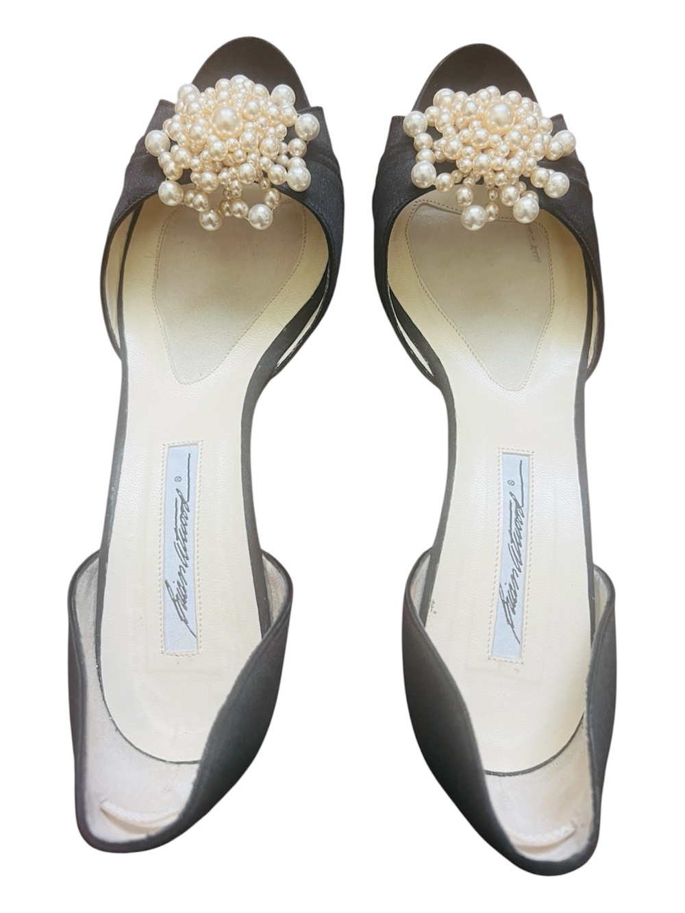 Brian Atwood Blk Satin Peep Toe d'Orsay Pearl Cluster Heels SZ 38 Party Wedding - Picture 2 of 12